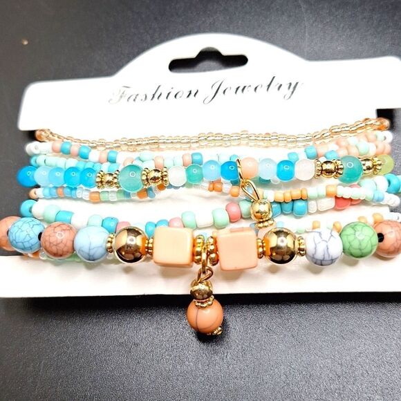 BEADED bracelets Bohemian Elastic Charms Multi layered pastels - Picture 4 of 4